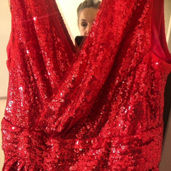 Kate Kasin formal red sequin dress 16inch PTP, 47 inch long, Size 10 - Picture 5 of 11